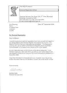 Letter from the Electoral Services Unit, Liverpool City Council, 26/9/06.