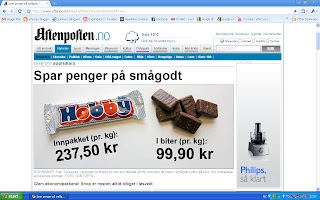 Aftenposten skriver at godteri i Norge, koster mellom 100 og 250 kr/kg. I England kan du få godteri for en tiendel av dette på 99 pence butikken etc